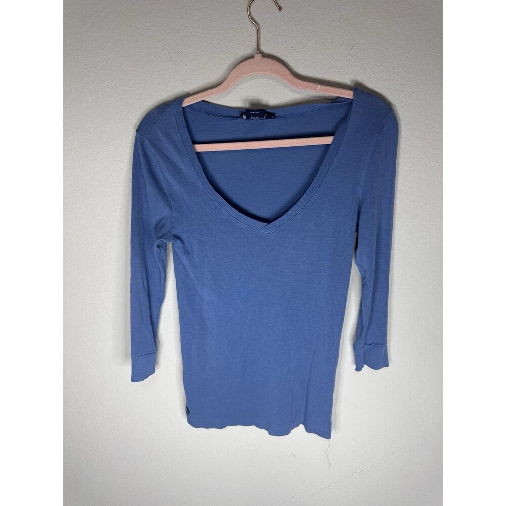 Ralph Lauren Blue Cotton Knit V-Neck 3/4 Sleeve Logo Top Womens M